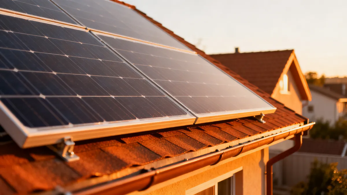 Panneaux solaires fixés sur rail au-dessus d’une toiture en tuiles orangées à Millau, sous une lumière dorée