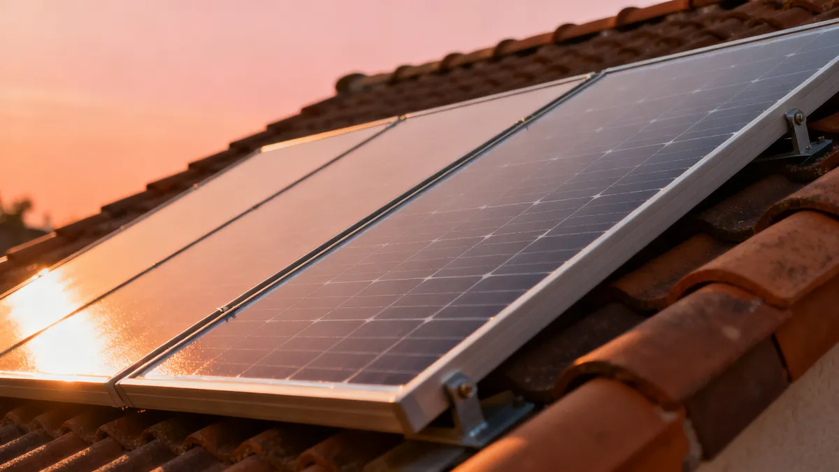 Panneaux solaires posés sur une toiture en tuiles grises, le soleil se reflétant sur le verre, près de Millau