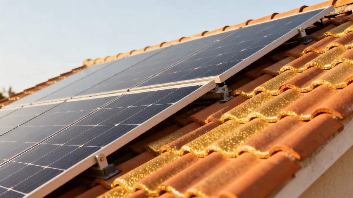Panneaux solaires sur la toiture en tuiles d’une maison de Millau, éclairés par le soleil couchant